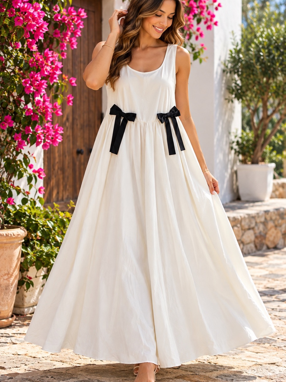 For The River Ivory Black Bow Maxi Dress Size Large